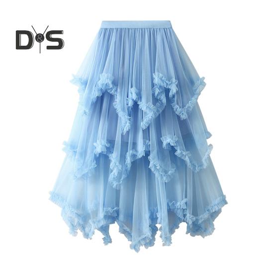 Dámská dortová sukně s polovičním pasem, elastickým pasem, nepravidelným lemem, midi sukně, jednobarevná, síťovaná, kolová, dlouhá sukně, pro každodenní nošení