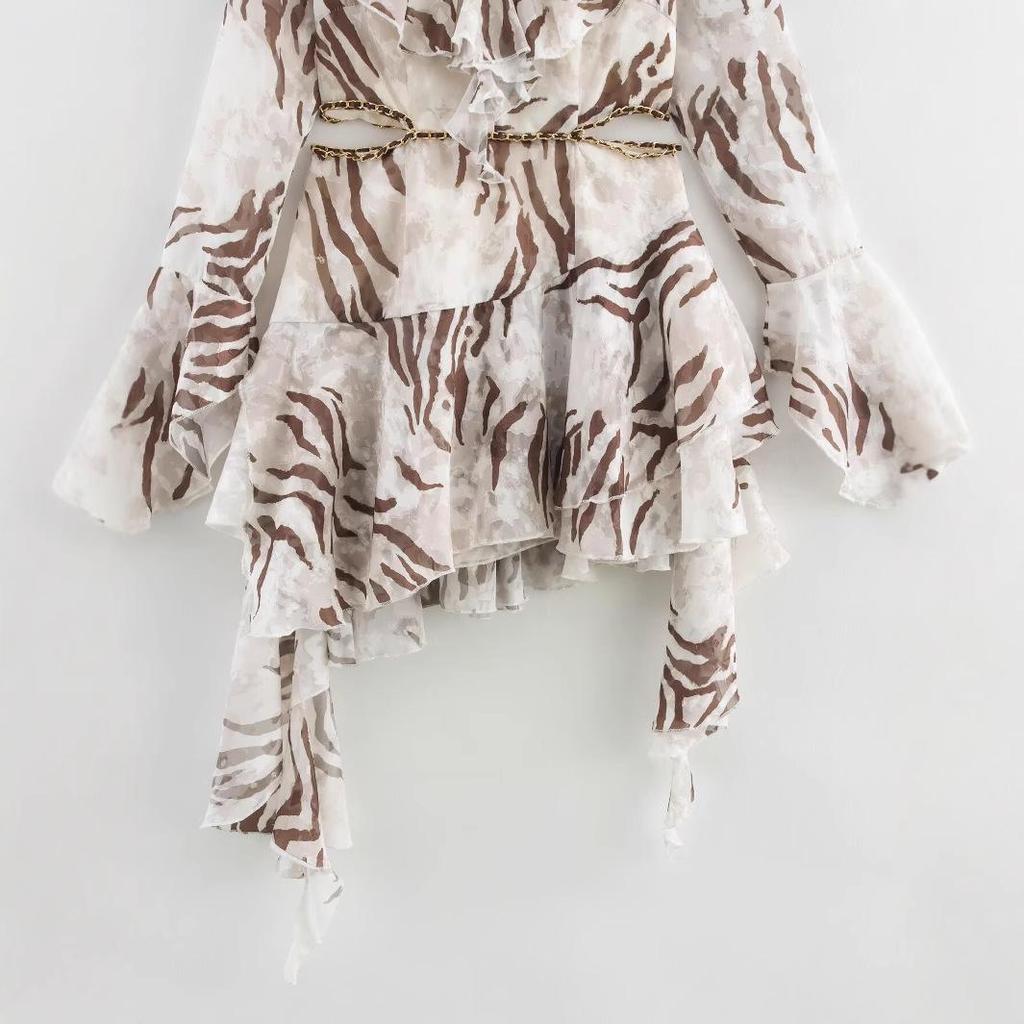 2025 Spring Women's European & American Casual Leopard Print Ruffle Dress
