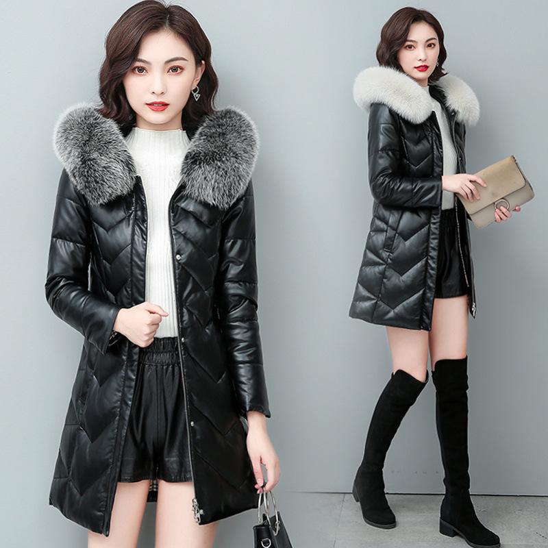 Sheepskin Leather Jacket Women's Down Jacket 90 White Duck Down Women's Medium Length Large Size Fur Jacket Slim Leather Jacket