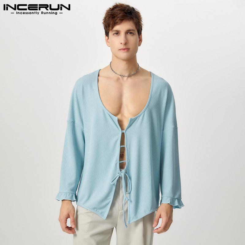 

INCERUN Men Bandage Long Sleeve Tops T-shirts Casual Rib Undershirts S чёрный