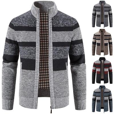 Cardigan en maille velours épais style coréen pour homme - Grande taille, col montant, pull en laine color block pour l'hiver.
