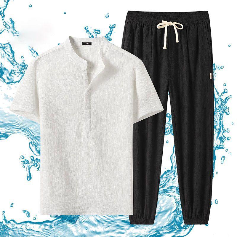 

Летний мужской льняной костюм с коротким рукавом, мужской тонкий костюм из ледяного шелка, свободный, дышащий, повседневный, двухпредметный XS белый