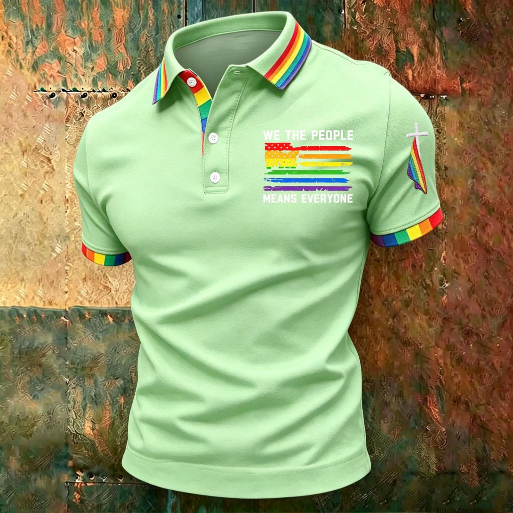 Men's Casual Polo Shirt Short Sleeve Gradient Print Classic Fit Button Down Collar Soft Breathable Fabric Top