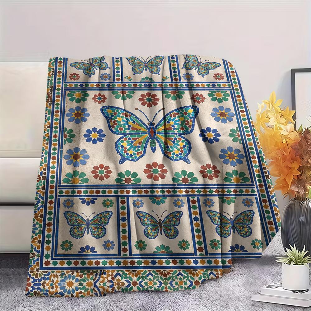 Moroccan Butterfly Print Flannel Blanket, High Quality Comfortable for All Seasons, Home Decor, Warmth and Comfort, Perfect for Christmas Gifts79