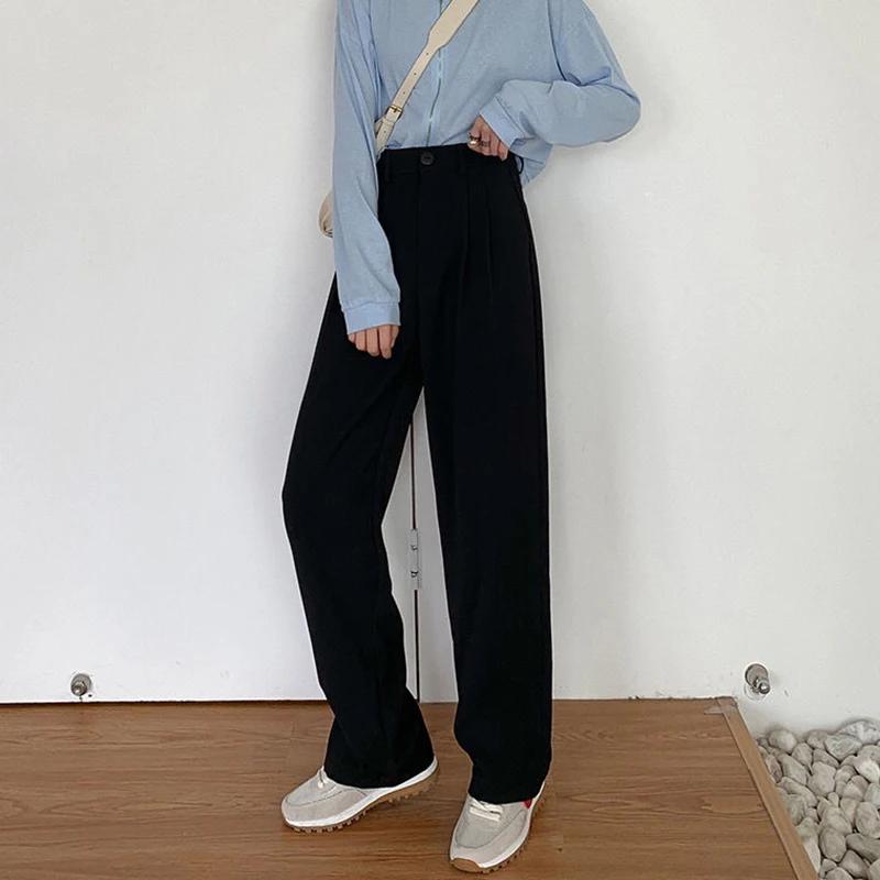 High Waist Women Suit Pants Fall Straight Office Ladies Korean Fashion Trousers Casual Button Loose Female Black Pants