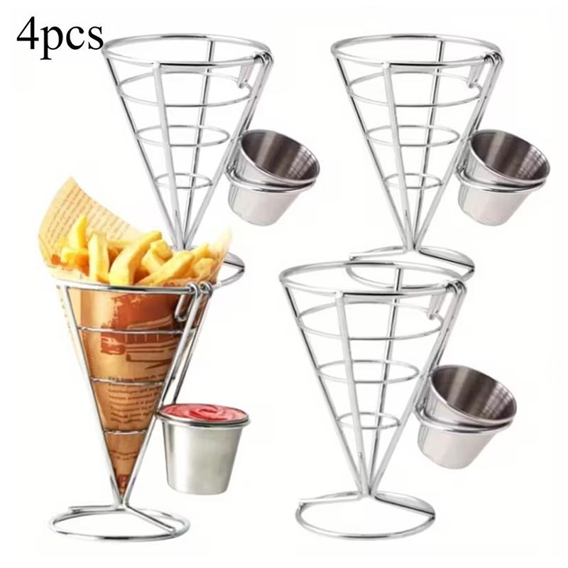 'Four Stainless Steel Fry Racks With Sauce Cups, Perfect For Kitchens, Restaurant Buffets, Picnic Parties, And Family Gatherings