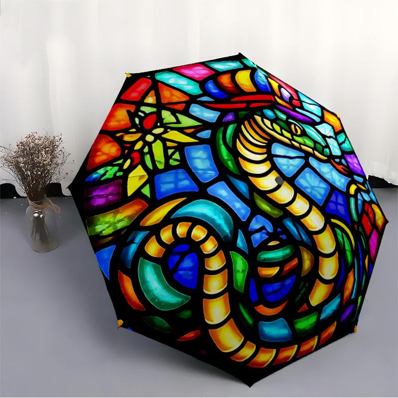 1pc Stained Glass Snake Automatic Folding Umbrella with 8-Rib Windproof Design, Portable Foldable Sunshade Umbrella For Halloween 126