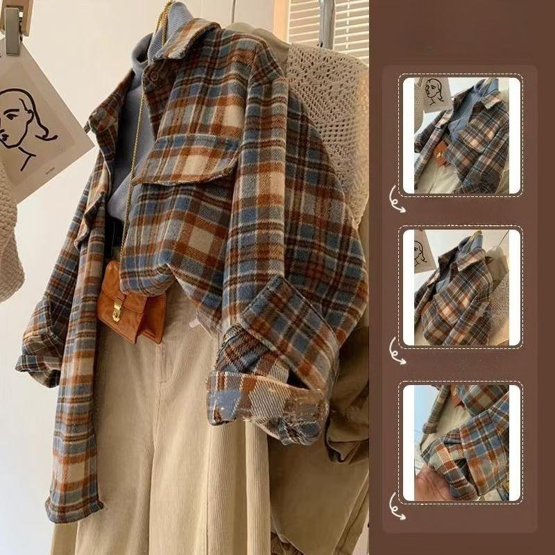 Kontrastní Vlněná Kostkovaná Dámská Košile Vintage Skládací Límec Dámské Blůzy s Dlouhým Rukávem Jaro a Podzim Ležérní Všestranné Volné Topy