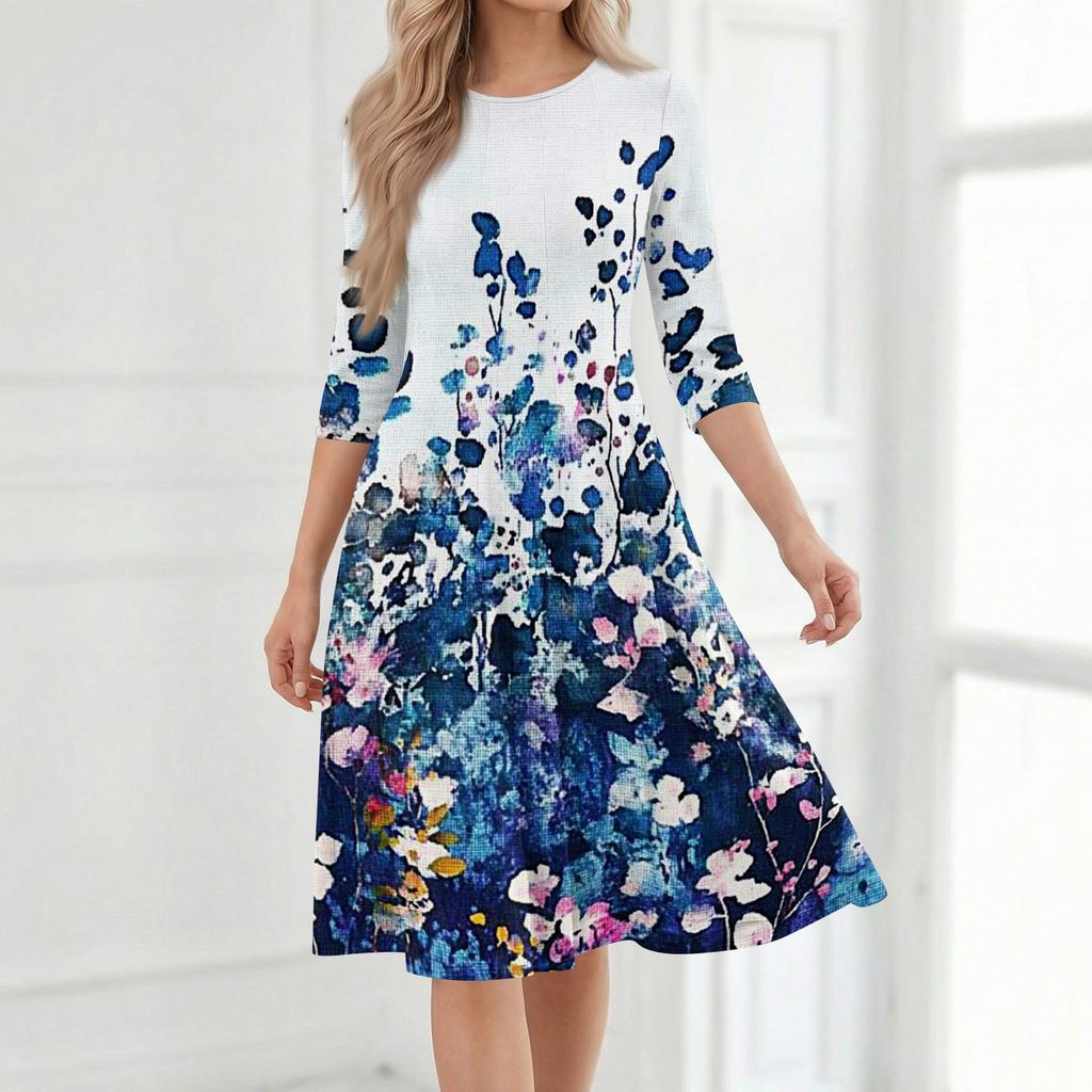 Women's Casual Fashion Round Neck Three Quarter Sleeve Floral Print Mid Length Dress Suitable for Daily Wear and Various Occasions