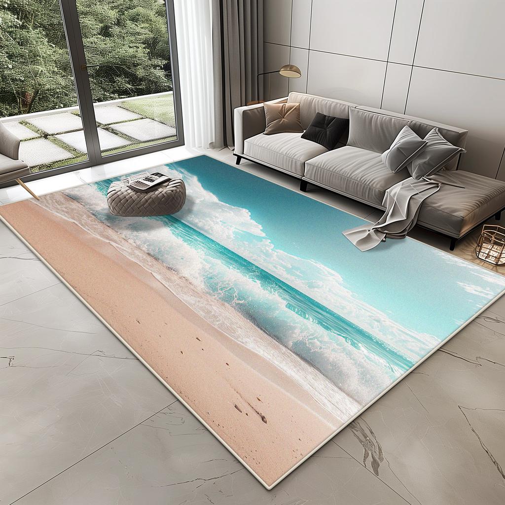 3D Vision Seaside Design Carpet for Living Room Home Decoration Modern Bedroom Rug Lounge Non-slip Washable Plush Floor Mat Soft