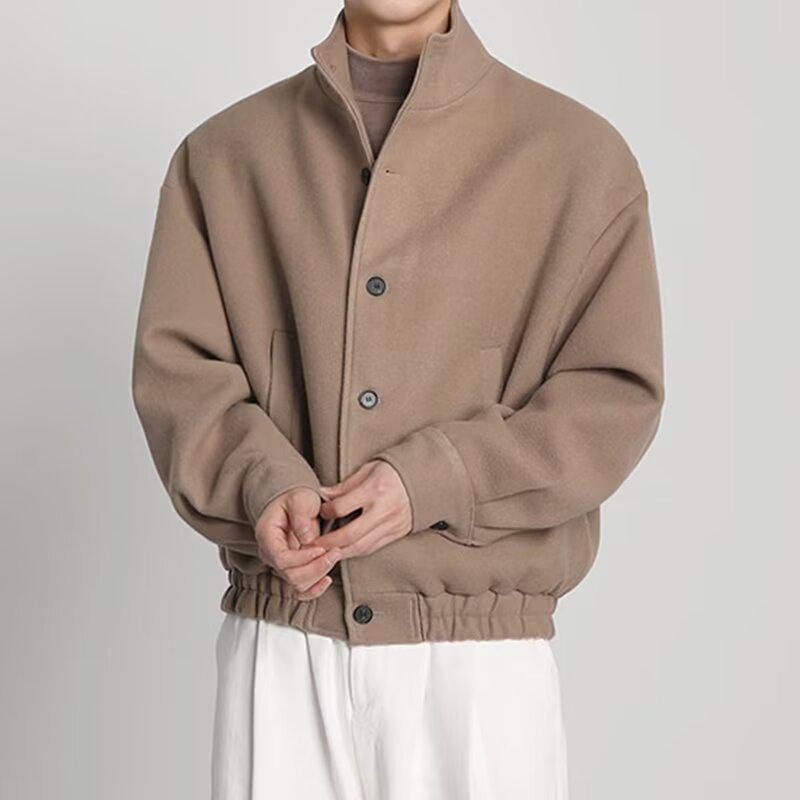 Men's Korean Style Stand-Up Collar Wool Coat - Trendy Autumn/Winter Streetwear Jacket