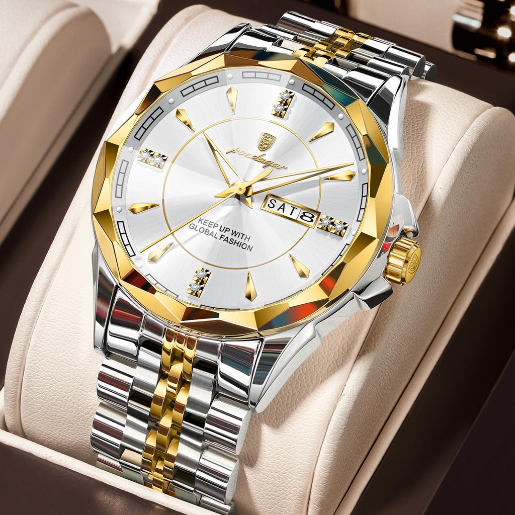 POEDAGAR Top Fashion Man Clock Business Waterproof Luminous Date Week Wristwatch Quartz Stainless Steel Casual Watches