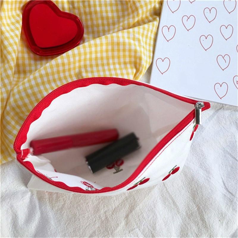 Fashion Cartoon Cherry Embroidery Pencil Case Cosmetic Bag Make Up Storage Bag Student Stationery Bag