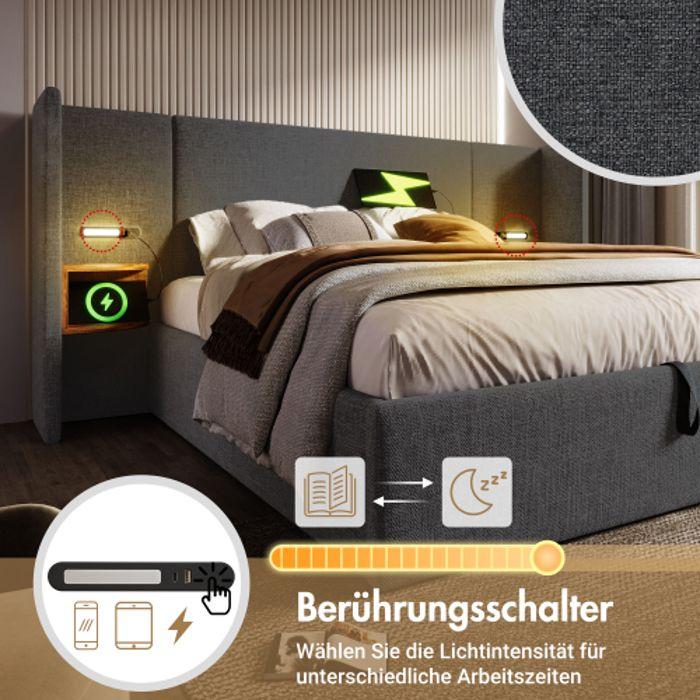 Lit Double Capitonné - MUVOE - 160x200 Cm - Avec Table De Chevet - Liseuse USB - Matelas Inclus