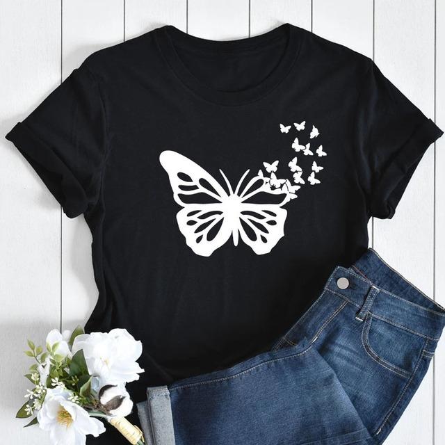 

New Butterfly Print T Shirt Women T Shirt Summer Fashion Female Tops Ladies Short Sleeve Graphic Tee Shirts Woman Cute T-Shirts XXXL білий