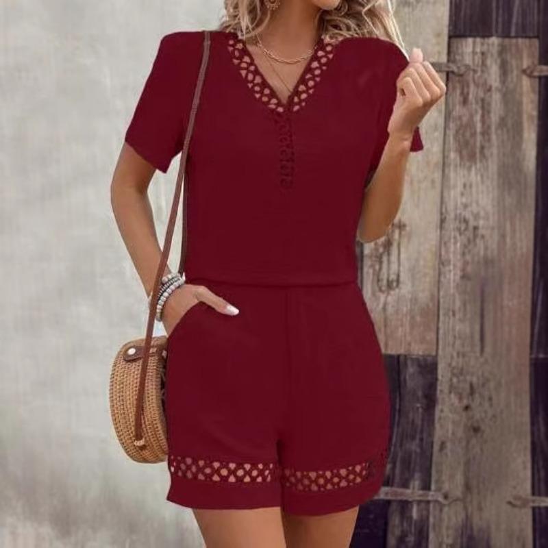 Summer V-neck Lace Spliced Short Sleeved Blouse Women Loose Solid Color Shorts Set for Women Hollow Out Fashion Elegant Simple Casual Sweet Outfits