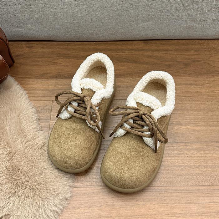 Japanese big head autumn and winter new thick velvet warm cotton shoes women's shoes Maillard color non-slip retro fluffy casual shoes