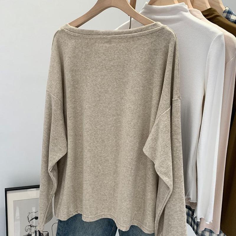 

Velvet Comfortable Long-sleeved Women s Loose Autumn and Winter Solid Color Round Neck Pullover Bottoming Shirt Fashionable Top L верблюд