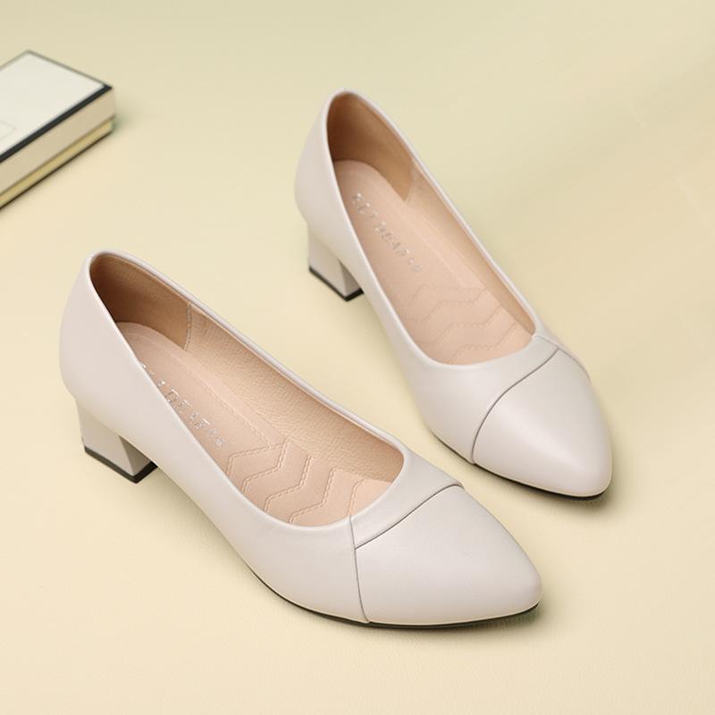 Soft Leather Shoes Spring and Autumn Style Thick Heel Single Shoes Comfortable Medium Heel Shallow Mouth Professional Light Women's Shoes