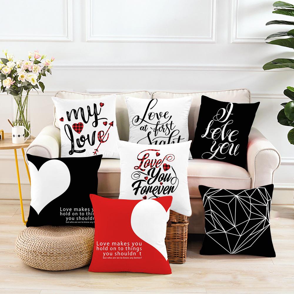 Valentine's Day Letters Black and White Cotton Linen Super Soft Peach Leather Velvet Pillowcase Sofa Home Cushion Cover