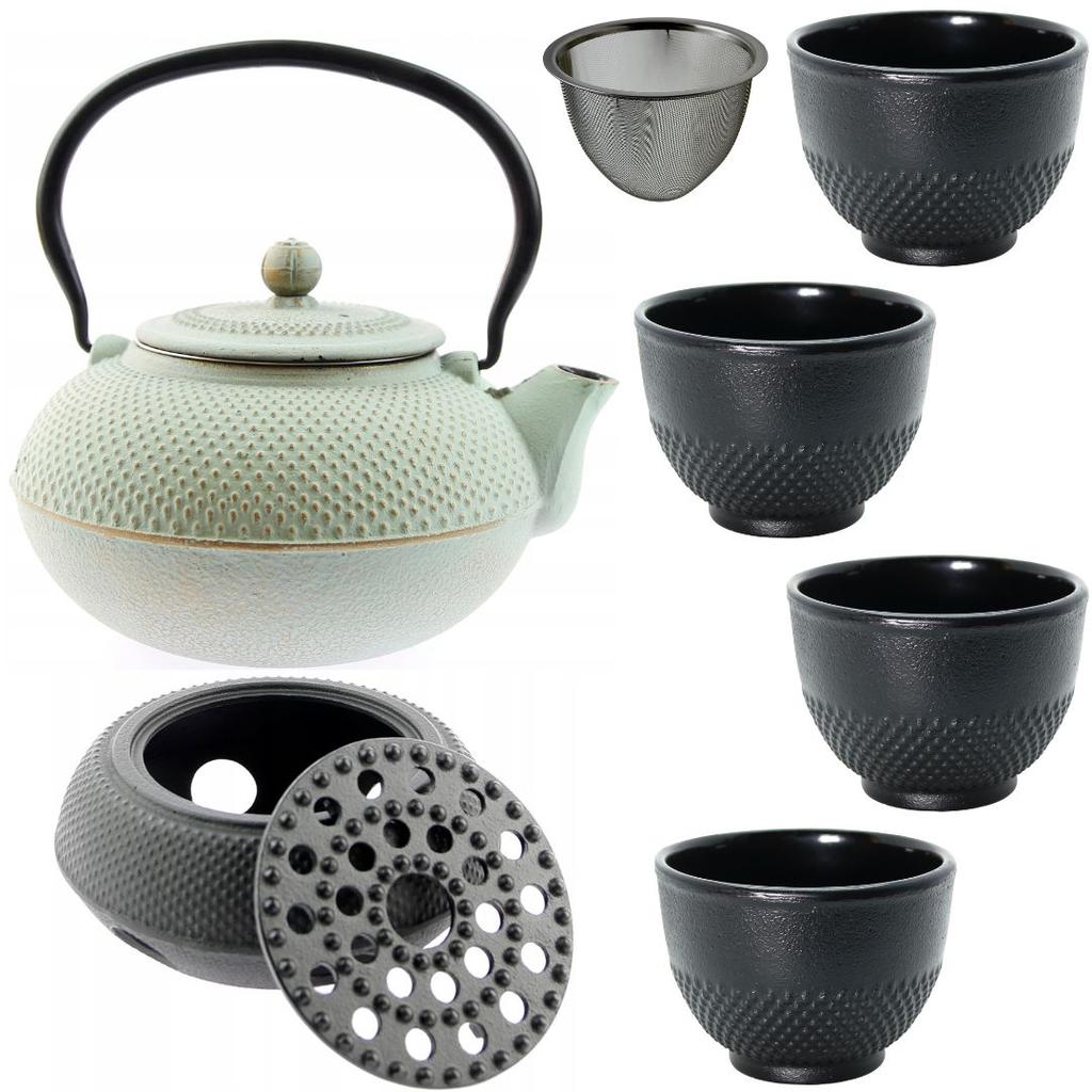CAST IRON KETTLE 1.5L TEA POT WITH TEA INFUSER + 4x CUPS WARMER