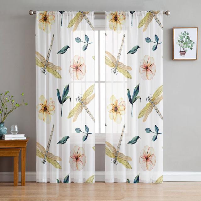 Dragonfly Flowers Sheer Curtain For Living Room Voile For Window Blinds Bedroom Tulle Drape Kitchen Cortinas Hall Curtains