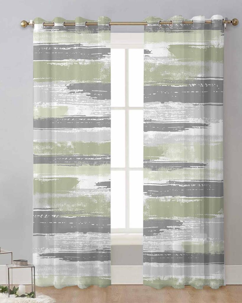 Geometrische Linienmalerei Salbeigrün Transparente Vorhänge zur Wohnzimmerdekoration Fenstervorhänge Küche Tüll Voile Organza Vorhänge