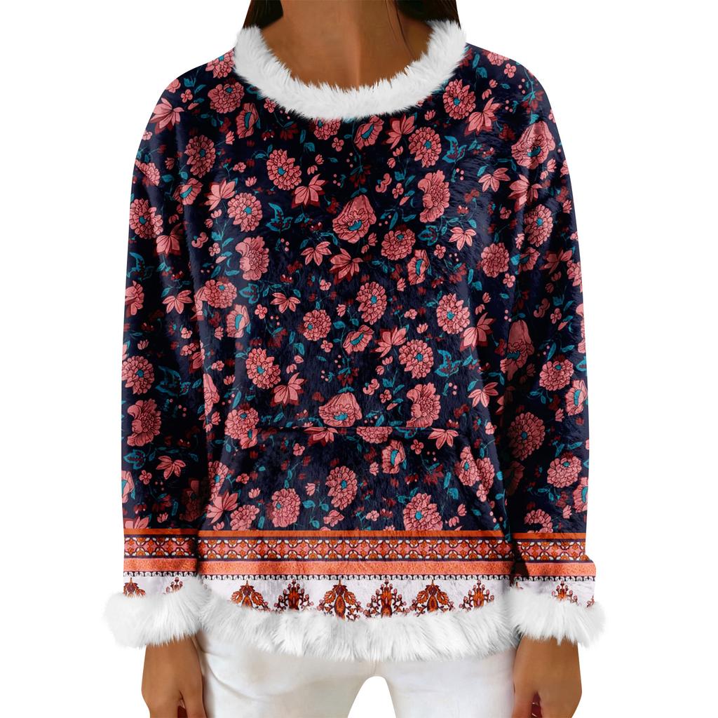 Women's Casual Fleece Sweatshirt  Long-Sleeve Round  Neck Casual Comfortable Loose-Fit Lightweight Women's Flannel Sweatshirt