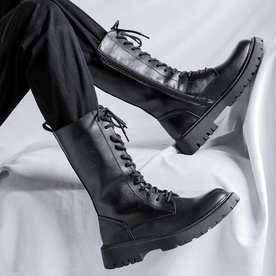 Men's High-Top Genuine Leather Boots British Style Casual Riding Boots Fashionable Motorcycle Boots Thick Sole Zipper Work Shoes