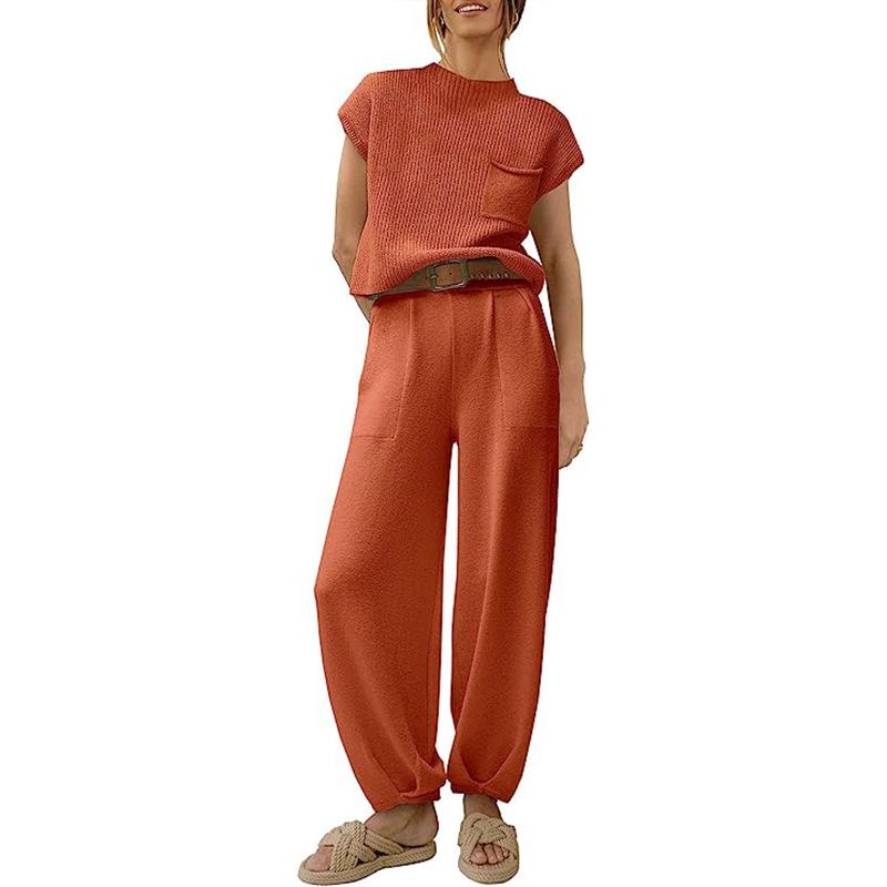2023 Women's Two-Piece Casual Knit Sweater Set - Short Sleeve, Comfortable Fashion Outfit