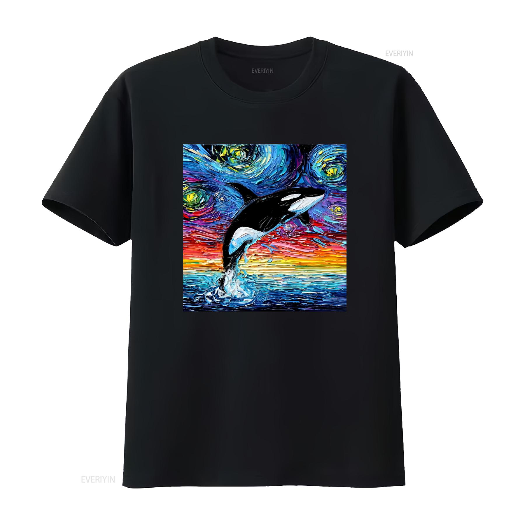 

Vibrant Orca Killer Whale Starry Night Ocean Art T Shirt vintage Washed streetwear Stretched Casual Versatile 4XL