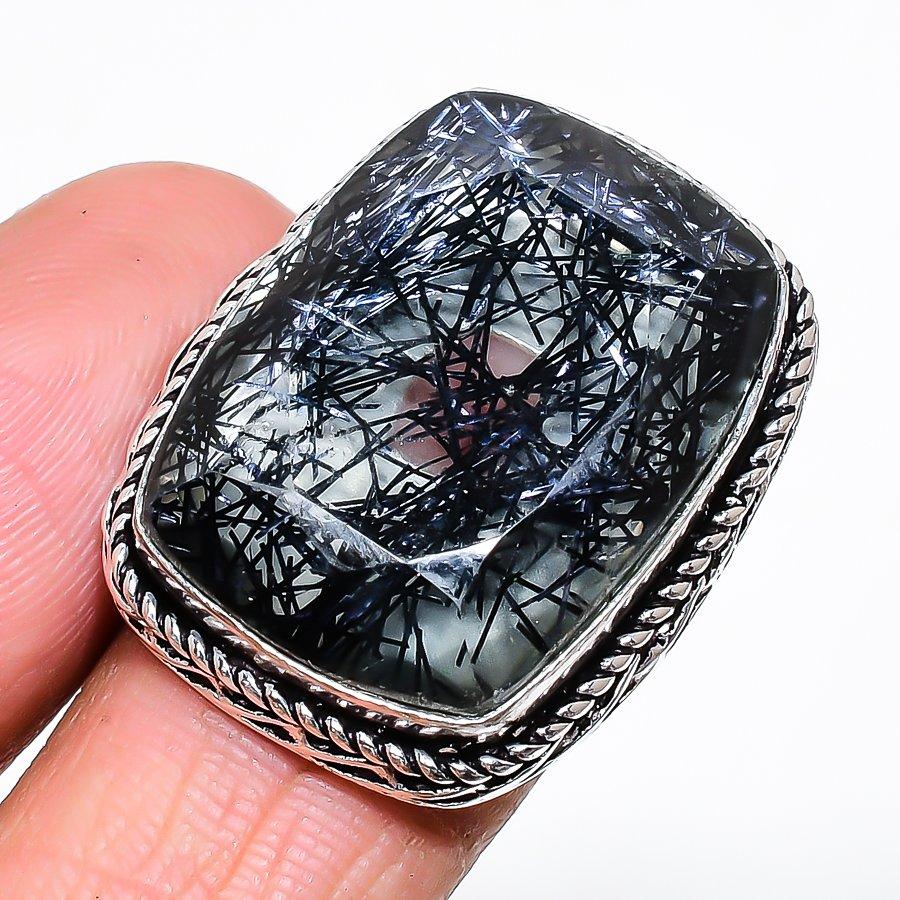 Bague Bijou en Argent Sterling 925 avec Pierre Précieuse Rutilée Noire Naturelle Taille 7 AR-16524