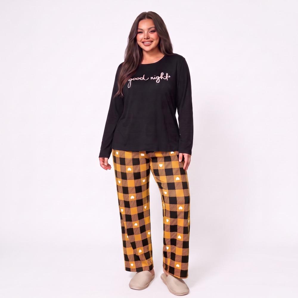 Plus Size Women Pajama Set AutumnWinter Long Sleeve Letter Print Top Plaid Sleepwear Pants Loose Ladies Soft Loungewear Homewear