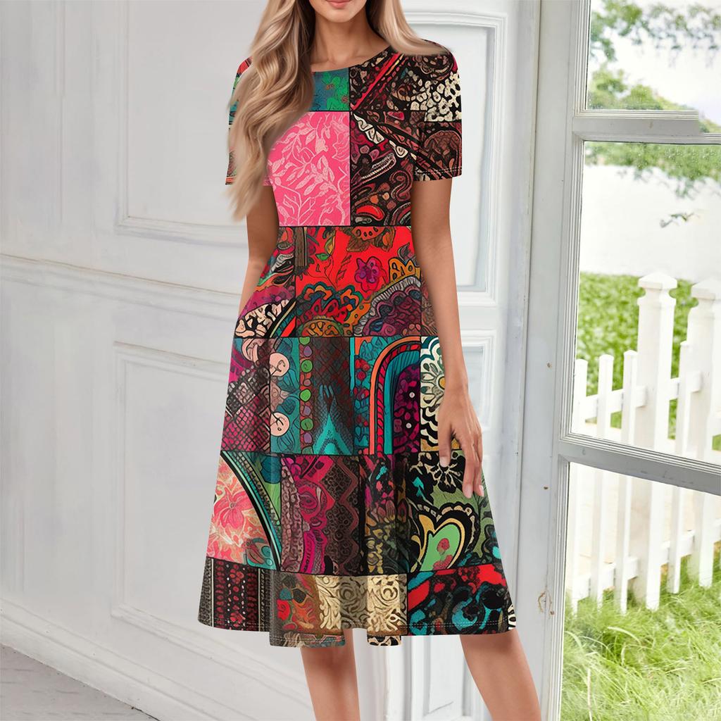 Women Casual Printed Round Neck Short Sleeved Long Dress
