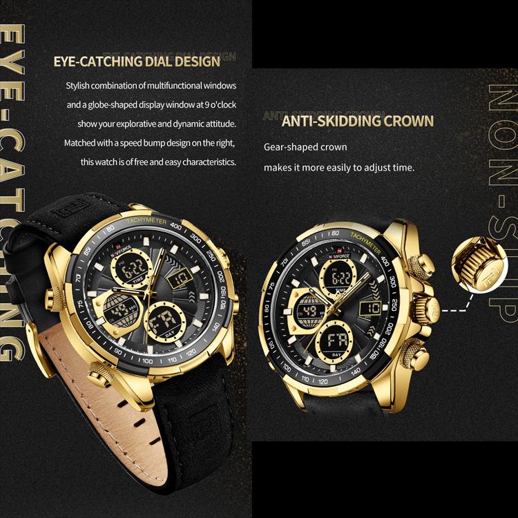 Naviforce Relojes para hombre NF9197L Doul Display, reloj de pulsera electrónico Digital LED de cuarzo resistente al agua para regalo