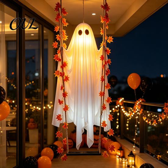 Innen Außen Urlaubsdekoration Halloween Hängende Schaukel Geist, Leuchtender Schwingender Geist mit Ahornblatt Einfache Installation Rankenlichter Und Fernbedienung