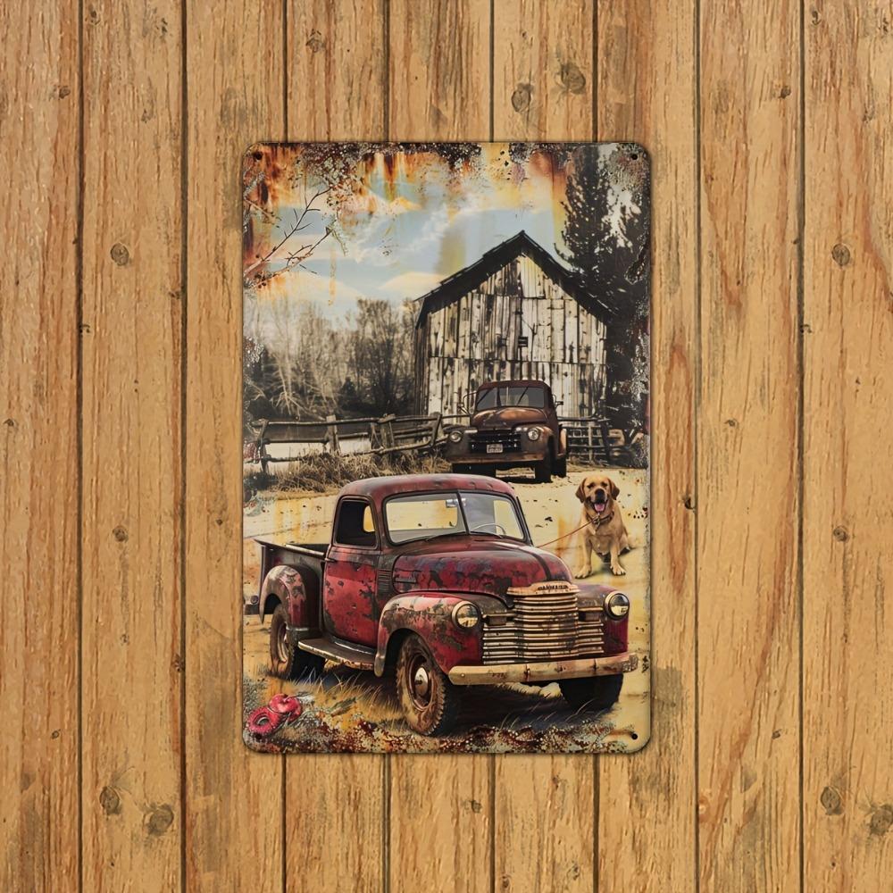 Vintage Truck and Dog Metal Tin Sign - 8x12" 2D Flat Rustic Farmhouse Wall Art, Home Bar Garage Decor