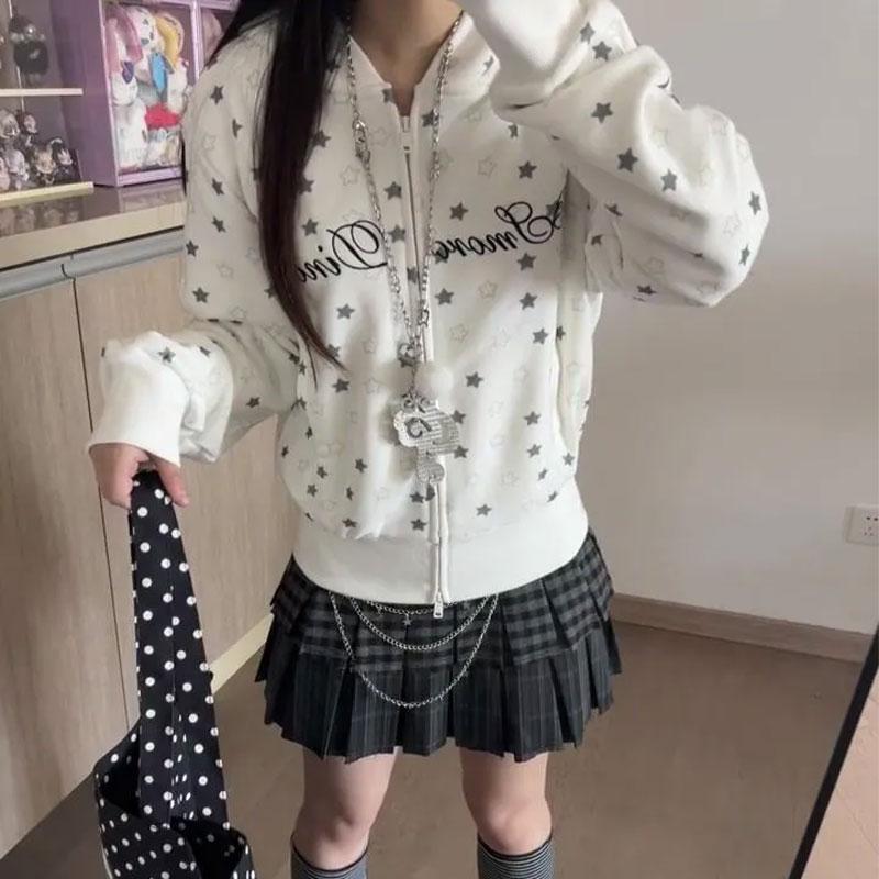 Japanischer Stil Bedruckte Buchstaben Kapuzenpullover Damen Lässig Kapuze Herbst Modisch Reißverschluss Vintage Langarm Sweatshirts