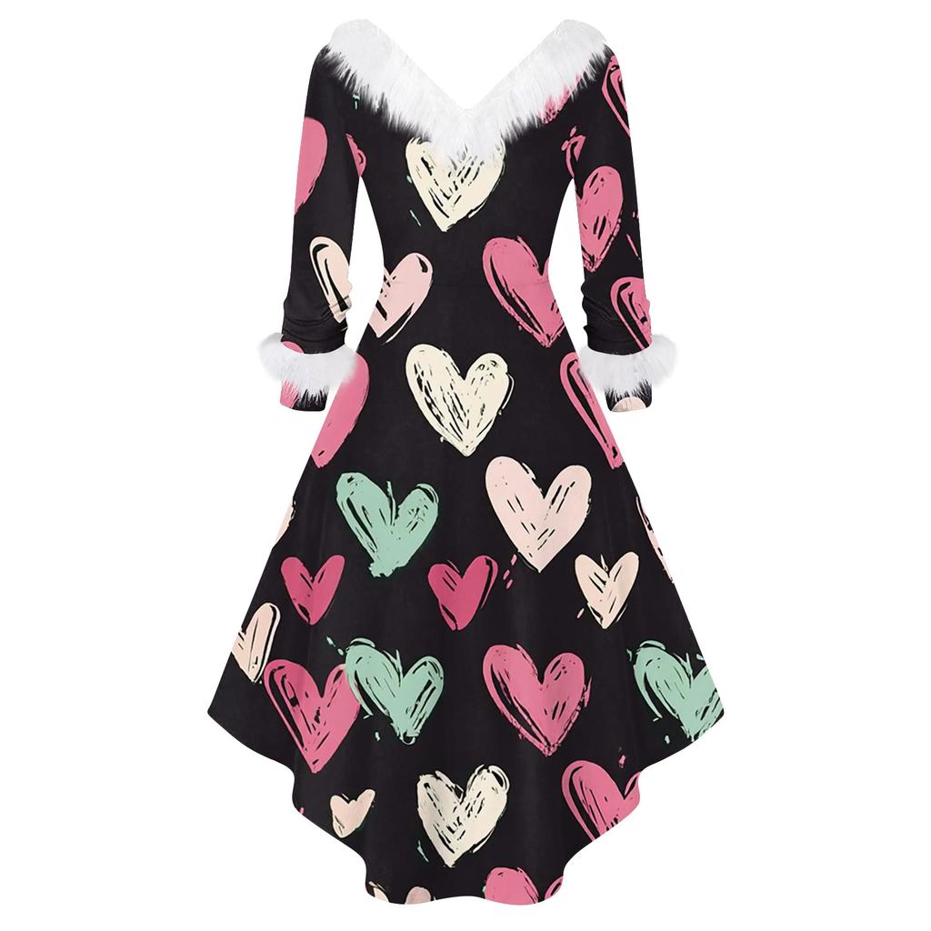 Damen stilvolles und elegantes langärmeliges V-Ausschnitt Kleid mit Valentinstags-Herzprint