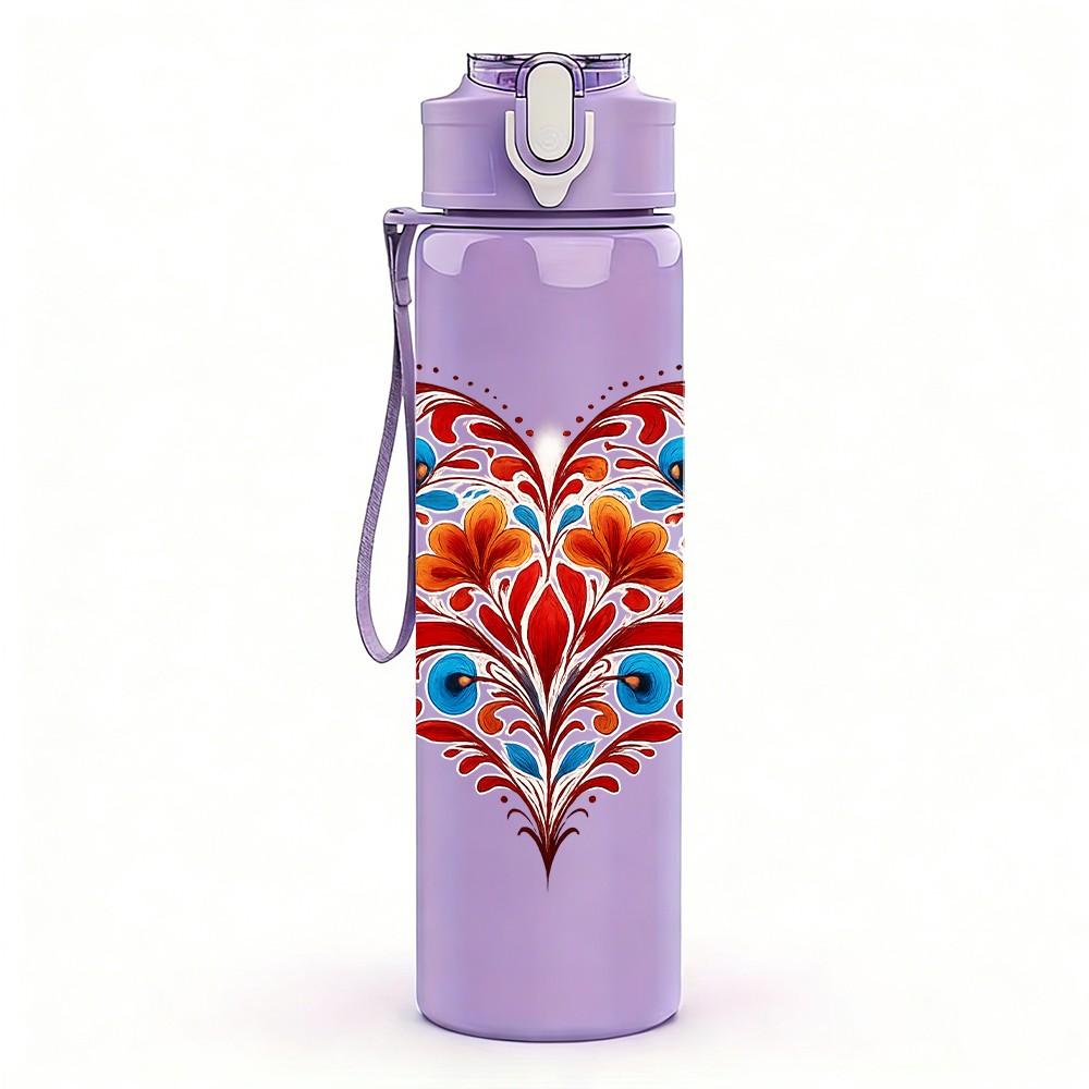1PC Folk Floral Heart Pattern 750ml Color Plastic Sports Water Bottle Leakproof Flip Straw Lid Suitable for Sports Office Home Use