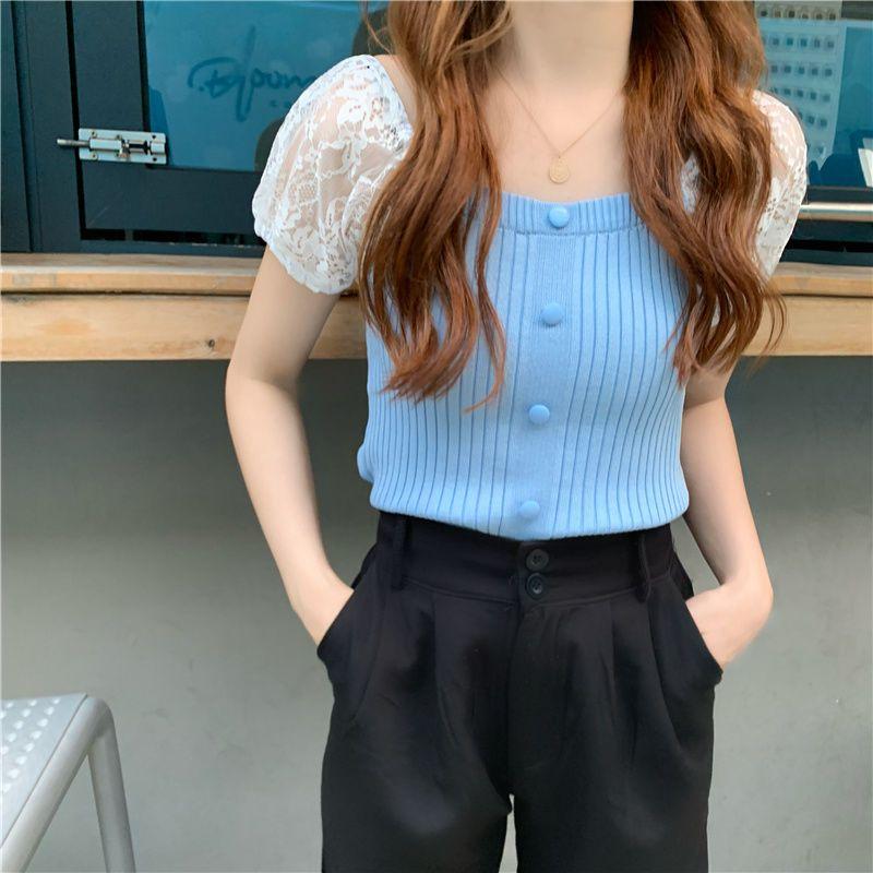 

Квадратный воротник пэчворк кружева короткий рукав вязаный свитер для женщин лето корейская версия Slim Fit короткий топ тренд L