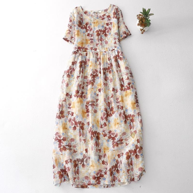 

2025 весна и лето новый продукт круглый вырез короткий рукав с принтом хлопково-льняное платье женское зарубежный стиль мелкий цветочный миди и длинная юбка M