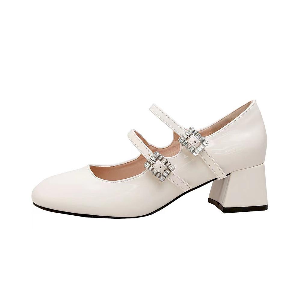 Sheepskin version square head leather rhinestone word with shallow mouth single shoes women's thick heel French retro Mary Jane women's shoes