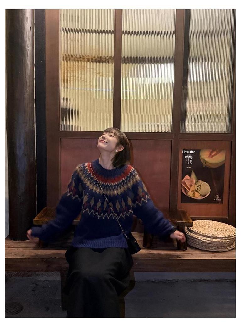 Navy Blue Fair Isle Knit Mohair Sweater for Women - Autumn/Winter Korean Style Christmas Atmosphere Loose Fit