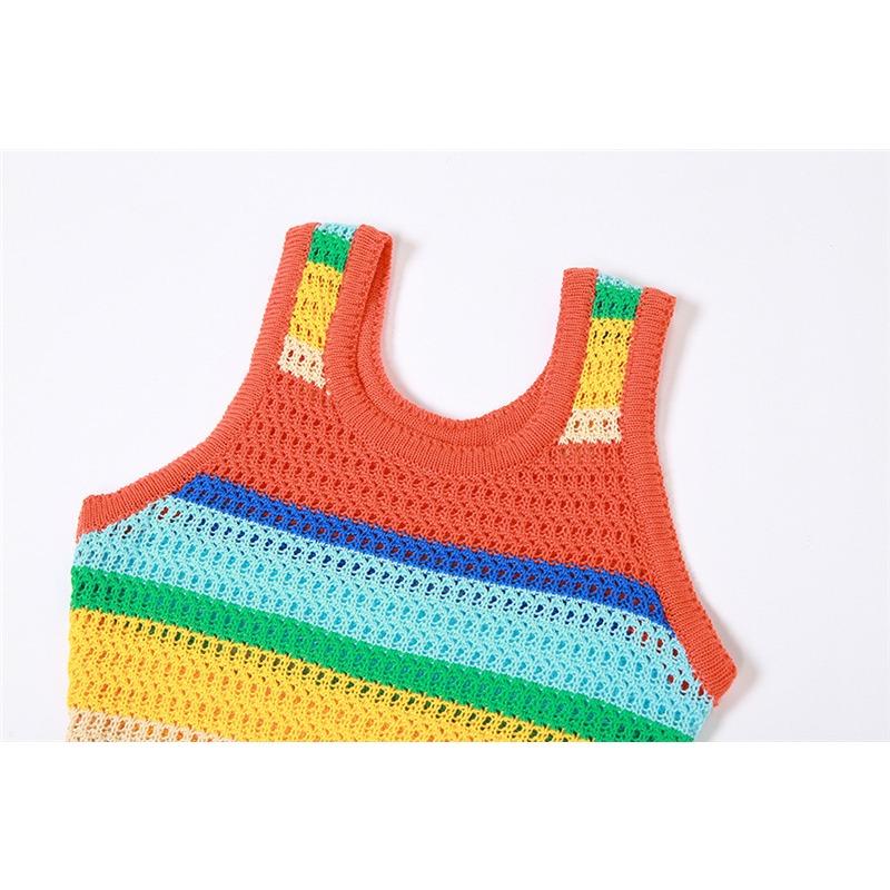 Women's Spring New Knitted Skirt Color Contrast Fashion Sleeveless Repair Slimming High Waist Long Dress