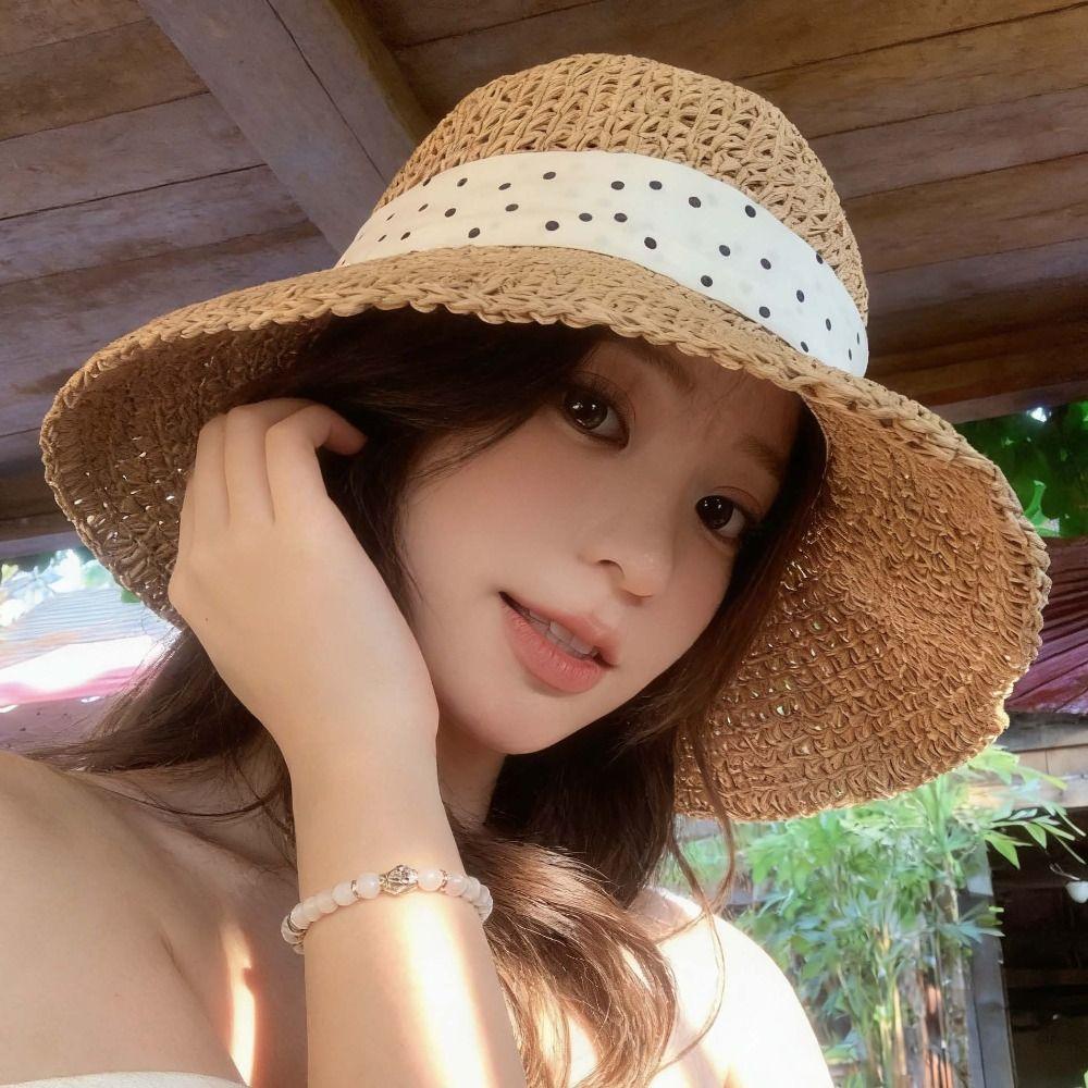 Wide Brim Straw Hat Polka Dot Sunshade Hat Fashion Sunscreen Hat  Seaside Beach