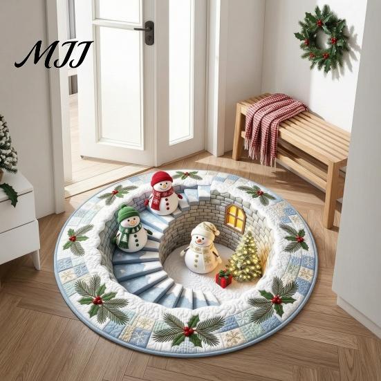 Festive Round Rug for Christmas 3D Rug, Vortex Optical Illusion Area Santa Snowman Staircase Durable Entrance Winter Depth Pattern, Non-slip Floor Mat