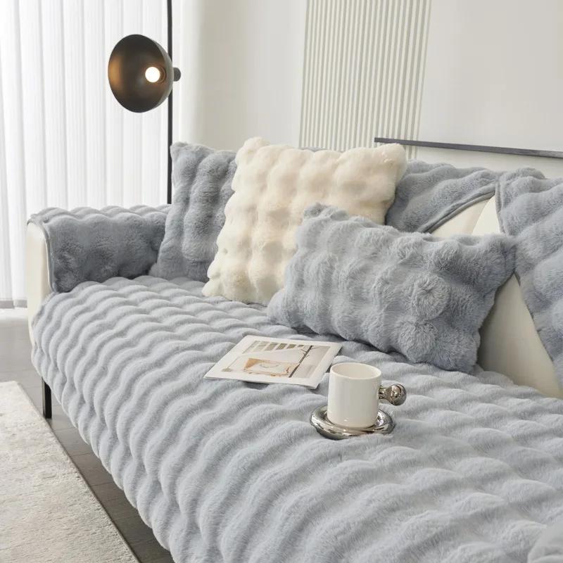 Nouveau Housse de Fauteuil Canapé en Peluche Lapin Vente en Gros Hiver Épais Doux Coussin en Peluche Antidérapant Cuir Canapé Canapé Housse de Siège
