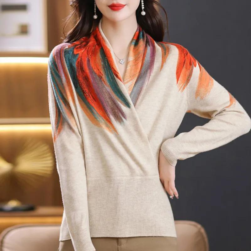 Women Clothing Long Sleeve Pullover Knitwears V Neck Print Sweater Tops Autumn Korean Fashion  Women's Sweaters