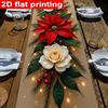 Elegant White Rose & Pine Tree Table Runner - 2D Flat Print Holiday Decor with Red Poinsettia & Green Foliage,for Christmas, Thanksgiving